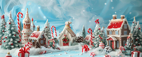 Wall Mural - A whimsical Christmas scene with candy cane trees, decorated houses, and snow-covered landscapes.