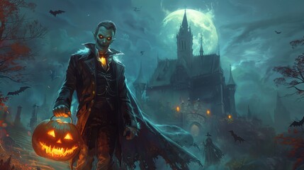 Wall Mural - A Vampire Carrying a Jack-o'-Lantern in Front of a Haunted Castle Under a Full Moon