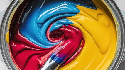 Poster - A close up of a paint can with colorful liquid inside, AI