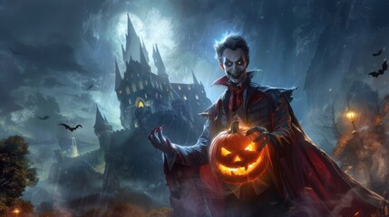 Wall Mural - A Vampire Holding a Jack-o'-Lantern in Front of a Gothic Castle