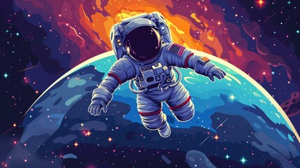 Wall Mural - cartoon vector astronaut floating in space with earth in the background