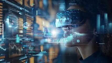 Poster - A woman interacts with digital displays while wearing virtual reality glasses, immersed in advanced technology in a modern setting.
