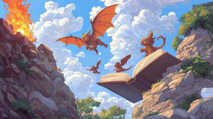 Characters stepping off pages, transforming into a fantasy book world