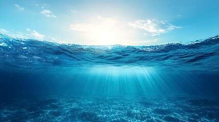 Sticker - Blue water and clear sky. Cross-section of deep ocean with waves on the surface. Rays of light illuminating clear dark blue water. Marine landscape. Copy space.