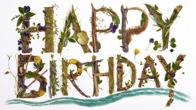 A picture of a happy birthday sign made out of plants, AI