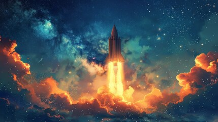 Wall Mural - cartoon vector rocket ship blasting off into the starry sky