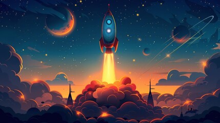 Wall Mural - cartoon vector rocket ship blasting off into the starry sky