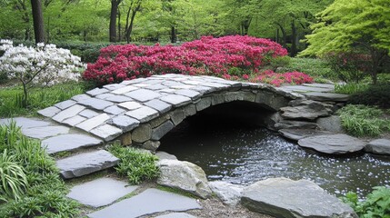 The serene stone bridge in a blooming garden offers a peaceful retreat, surrounded by lush plants and a gentle stream reflecting nature’s beauty