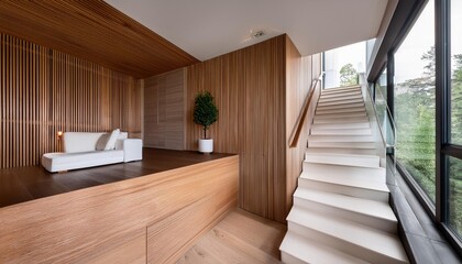 Wall Mural - Modern Interior Design With Wooden Walls and White Stairs