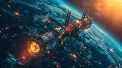 Wall Mural - cartoon vector space station orbiting a distant planet