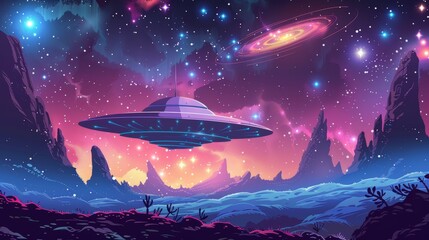 Wall Mural - cartoon vector alien spacecraft exploring a galaxy