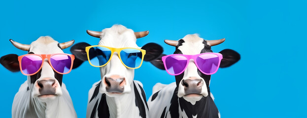 Wall Mural - Creative animal concept. Group of cow friends in sunglass shade glasses isolated on solid background, commercial, editorial advertisement, copy text space	
