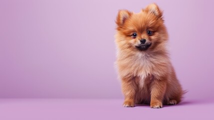 a cute pomeranian puppy sitting on a solid pastel 271 dog, pomeranian, pet, spitz, puppy, animal, cu