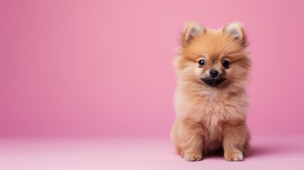 a cute pomeranian puppy sitting on a solid pastel 293 dog, pomeranian, pet, spitz, puppy, animal, cu