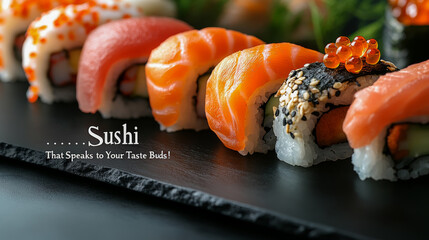 Wall Mural - Closeup of sushi rolls with salmon, tuna, caviar, and sesame seeds, neatly arranged on a black stone plate