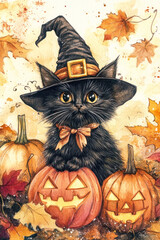 Adorable black kitten wearing a witch hat sitting among jack-o'-lanterns and autumn leaves, Halloween-themed watercolor illustration