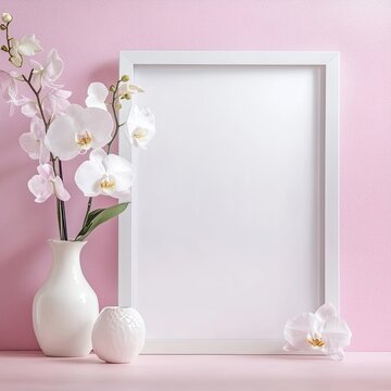 White photo frame decorated with orchid flowers on the table on pink pastel background. decoration with empty space for text. mock up with copy space.