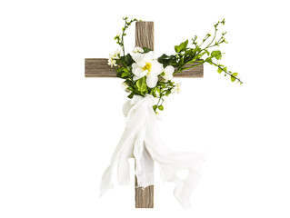 a cross with flowers and a white cloth