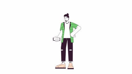 Poster - Caucasian man typing mobile phone line 2D character animation. Generation z gadget user flat color cartoon 4K video, alpha channel. European guy using smartphone animated person on white background