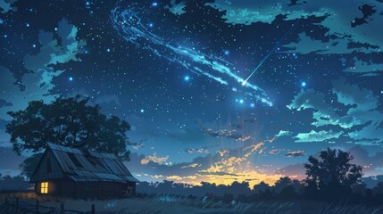 Wall Mural - cartoon vector meteor shower passing through the night sky