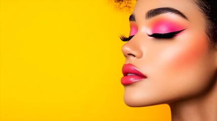 Glamorous studio shot of a model, focusing on the aesthetics of makeup and styling, with vibrant colors and precise details