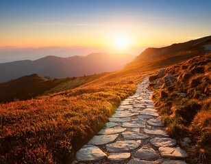 Wall Mural - Stone path in the mountains at sunset