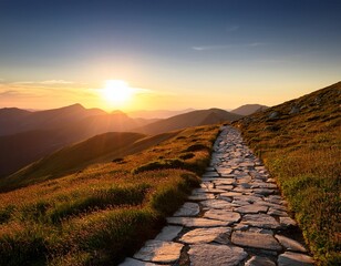 Wall Mural - Stone path in the mountains at sunset