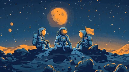 Wall Mural - cartoon vector astronauts planting a flag on the moon