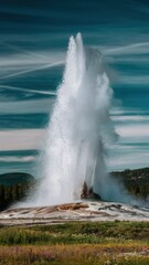 Canvas Print - A large geyser erupting from a field of grass and flowers, AI