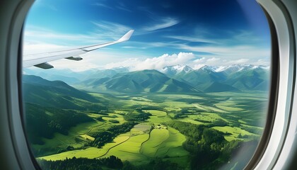 Wall Mural - Beautiful valleys and green fields outside the plane window