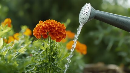 A flower is being watered with a watering can