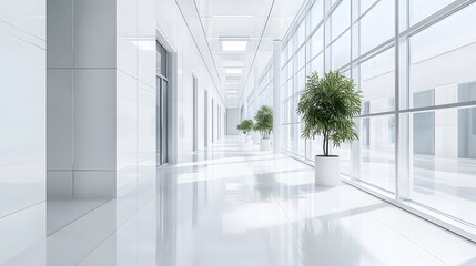 Modern white office interior, a long corridor with windows and light from the windows, photorealistic landscapes, architectural photography, bright white walls, glossy floor tiles, high ceilings, mini