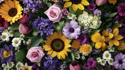 A bouquet of flowers with a variety of colors including pink, yellow, purple