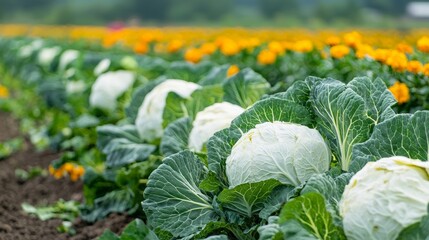 Wall Mural - A field of green and white cabbage