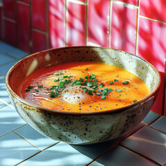 Canvas Print - A bowl of soup with a piece of egg on top. The bowl is white and has a pattern on it. The soup is orange and has some green herbs in it