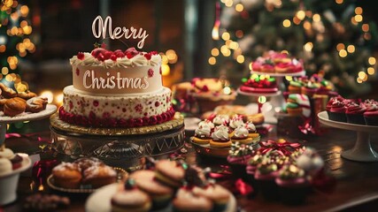 Wall Mural - A beautifully arranged table displays an array of festive desserts, celebrating the holiday season with sweet treats and joyful decorations