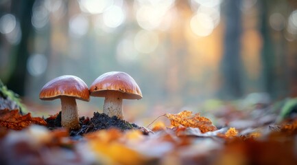 Wall Mural - In a peaceful forest, vibrant mushrooms are surrounded by fallen autumn leaves, creating a picturesque scene