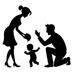 Mom and Dad Playing with Child silhouette vector illustration.