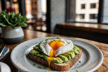 urban cafe brunch with avocado toast and poached eggs, food
