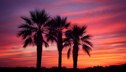 Wall Mural - three palm trees silhouetted vibrant pink orange sunset sky