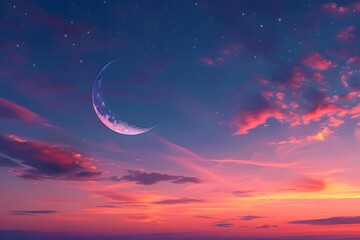 Canvas Print - Serene Twilight: A Crescent Moon Illuminates a Colorful Sky