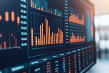 Poster - Close-up of computer screen displaying colorful graphs and charts with financial data in a modern office setting, showing economic analysis.