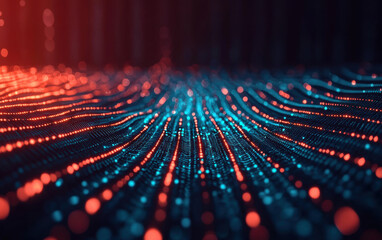 Poster - Abstract digital particle wave with vibrant red and blue lights. Futuristic technology background representing data flow and innovation.