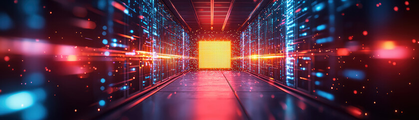 Poster - A futuristic data center hallway with glowing lights and digital interfaces. Vibrant technology background showcasing modern server infrastructure.