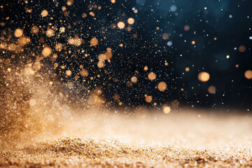 Poster - Golden particles floating in a dark space, illuminated by light, creating a magical and dreamy atmosphere with rich texture and depth.
