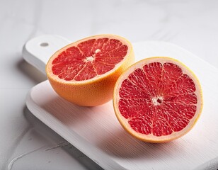 Two Halves of a Grapefruit on a White Cutting Board