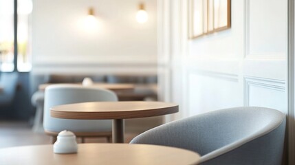 Poster - A tranquil cafe features wooden tables and comfortable chairs, bathed in natural light, creating a warm atmosphere for relaxation.