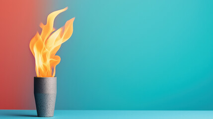 Poster - A modern concrete vase containing a bright, energetic flame against a striking gradient background. Captures contrast between fire and contemporary decor.