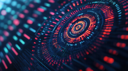 Poster - Abstract futuristic digital interface with glowing red and blue elements forming a circular pattern, representing technology and innovation.