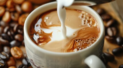 Pouring of milk in cup of hot coffee on table